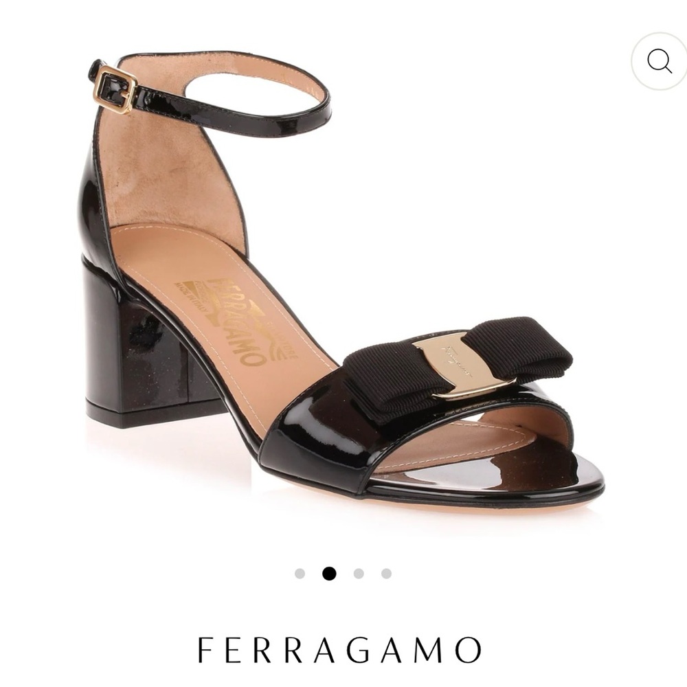 SALVATORE FERRAGAMO Gavina Black Patent Leather Sandals, size 7C.